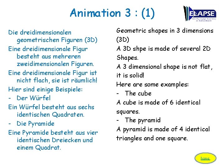 Animation 3 : (1) Die dreidimensionalen geometrischen Figuren (3 D) Eine dreidimensionale Figur besteht
