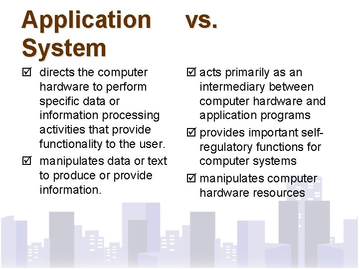 Application System vs. þ directs the computer hardware to perform specific data or information