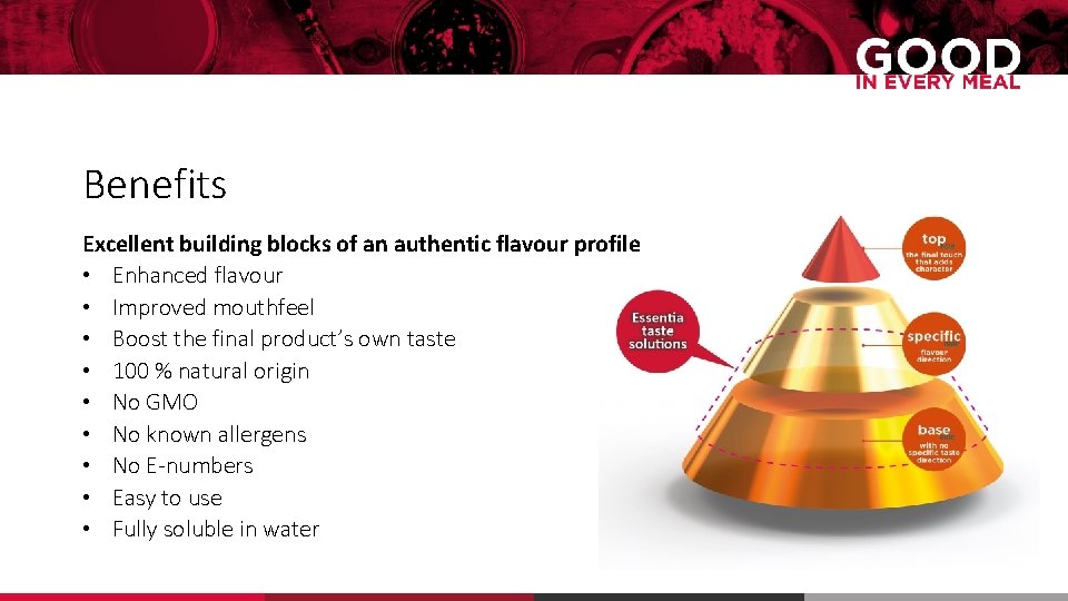 Benefits Excellent building blocks of an authentic flavour profile • Enhanced flavour • Improved