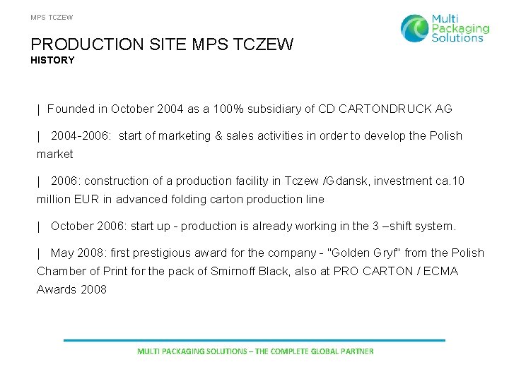 MPS TCZEW PRODUCTION SITE MPS TCZEW HISTORY | Founded in October 2004 as a