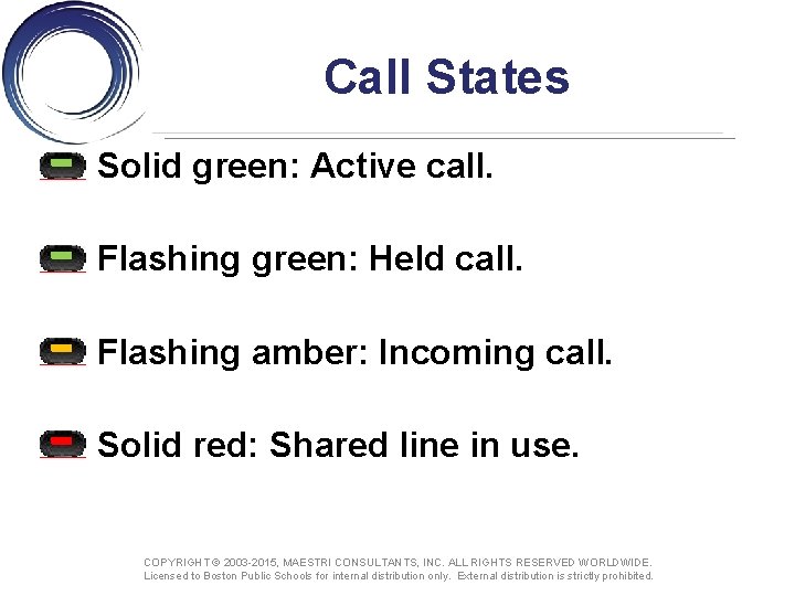 Call States Solid green: Active call. Flashing green: Held call. Flashing amber: Incoming call.
