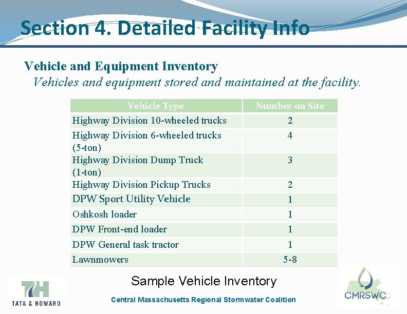 Section 4. Detailed Facility Info Vehicle and Equipment Inventory Vehicles and equipment stored and