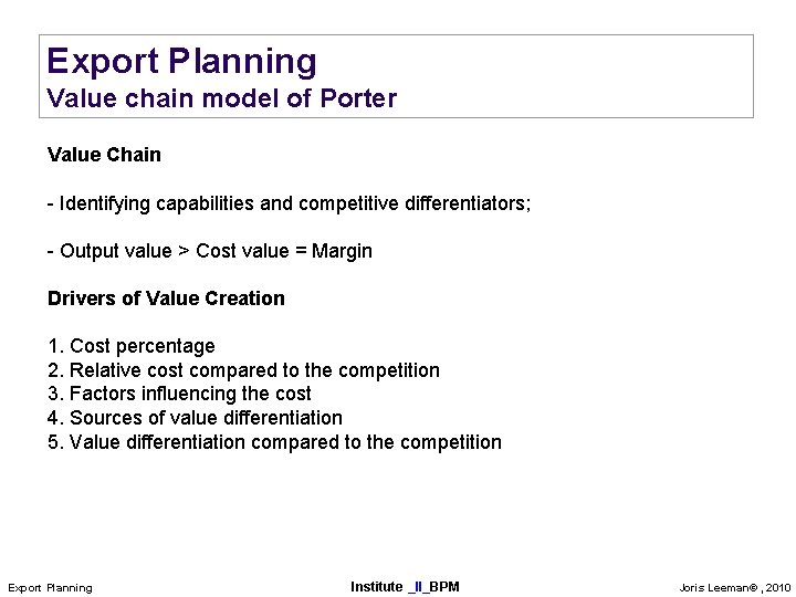 Export Planning Value chain model of Porter Value Chain - Identifying capabilities and competitive