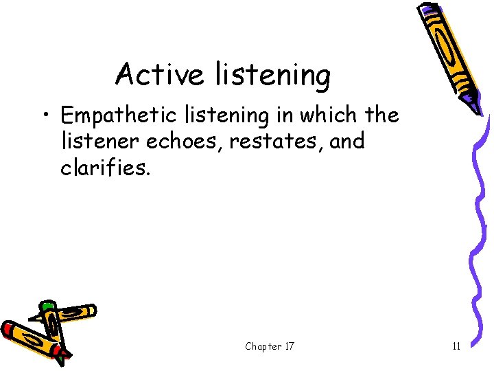 Active listening • Empathetic listening in which the listener echoes, restates, and clarifies. Chapter