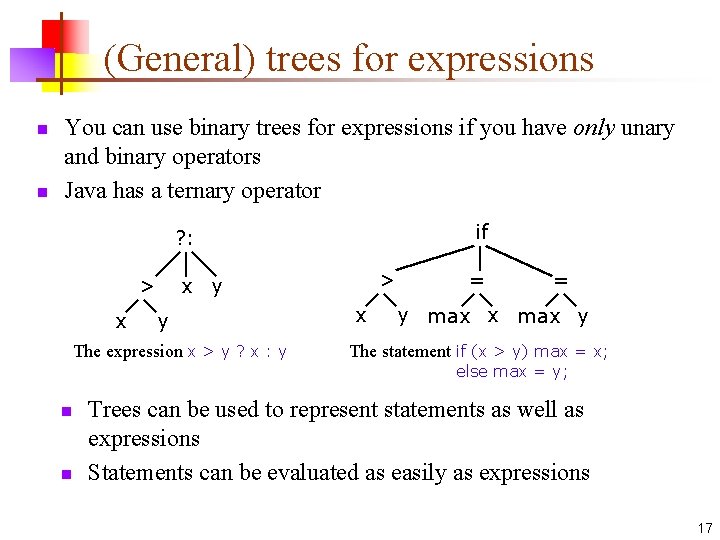 (General) trees for expressions n n You can use binary trees for expressions if