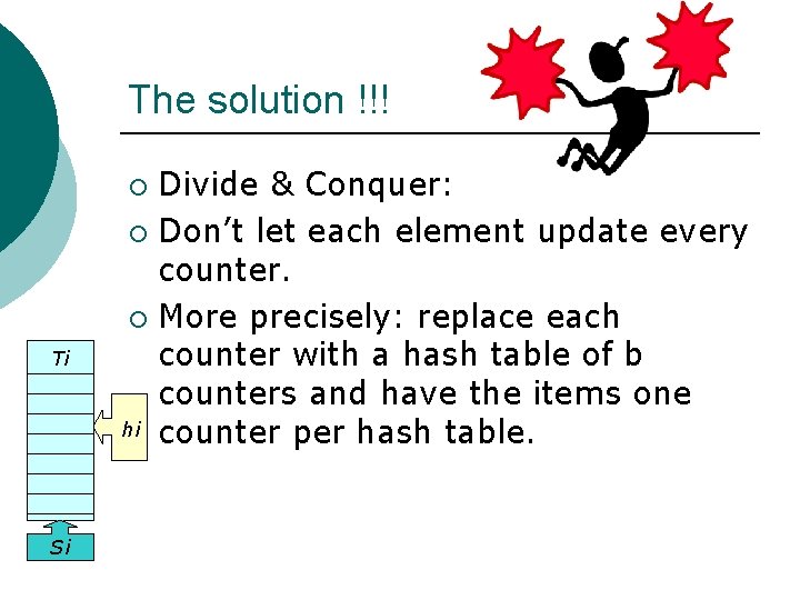 The solution !!! Divide & Conquer: ¡ Don’t let each element update every counter.