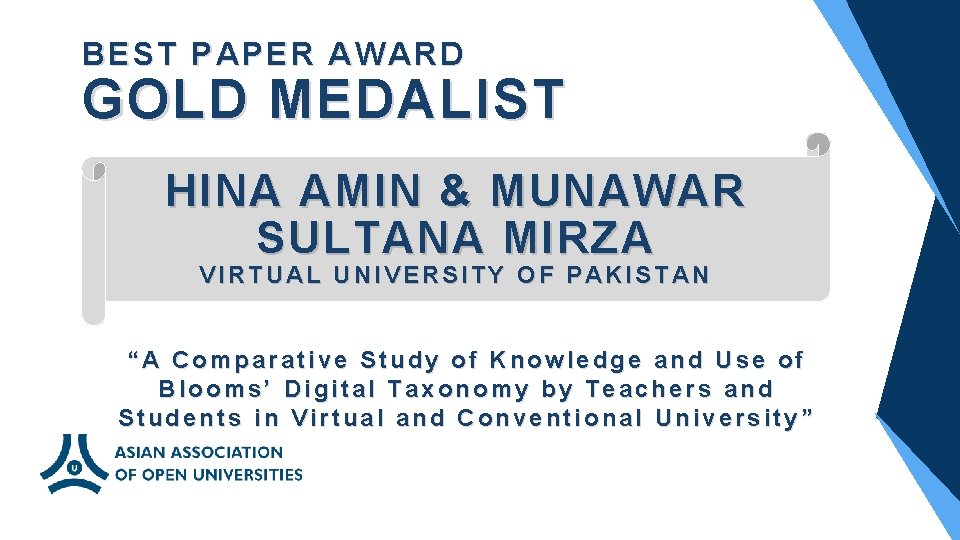 BEST PAPER AWARD GOLD MEDALIST HINA AMIN & MUNAWAR SULTANA MIRZA VIRTUAL UNIVERSITY OF