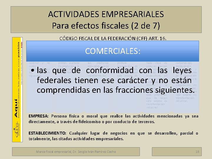 ACTIVIDADES EMPRESARIALES Para efectos fiscales (2 de 7) Marco fiscal empresarial CÓDIGO FISCAL DE