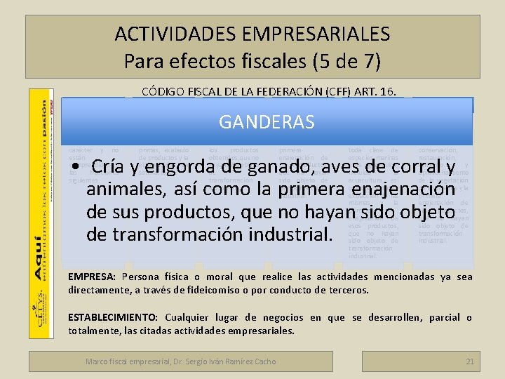 ACTIVIDADES EMPRESARIALES Para efectos fiscales (5 de 7) Marco fiscal empresarial CÓDIGO FISCAL DE