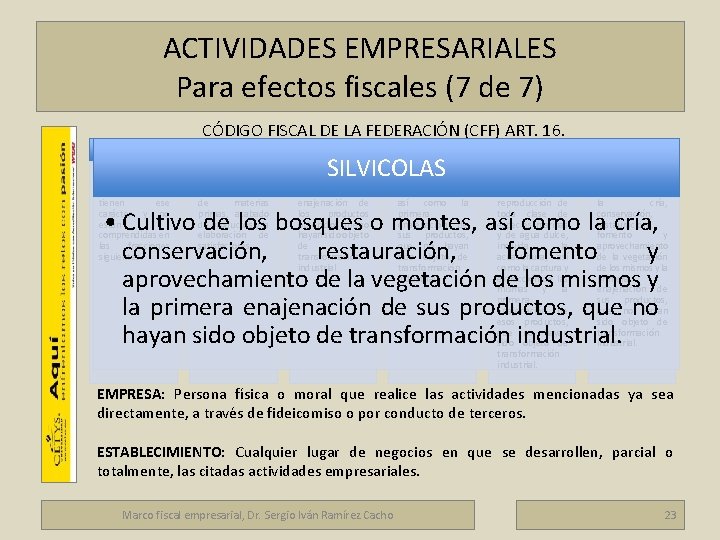 ACTIVIDADES EMPRESARIALES Para efectos fiscales (7 de 7) Marco fiscal empresarial CÓDIGO FISCAL DE