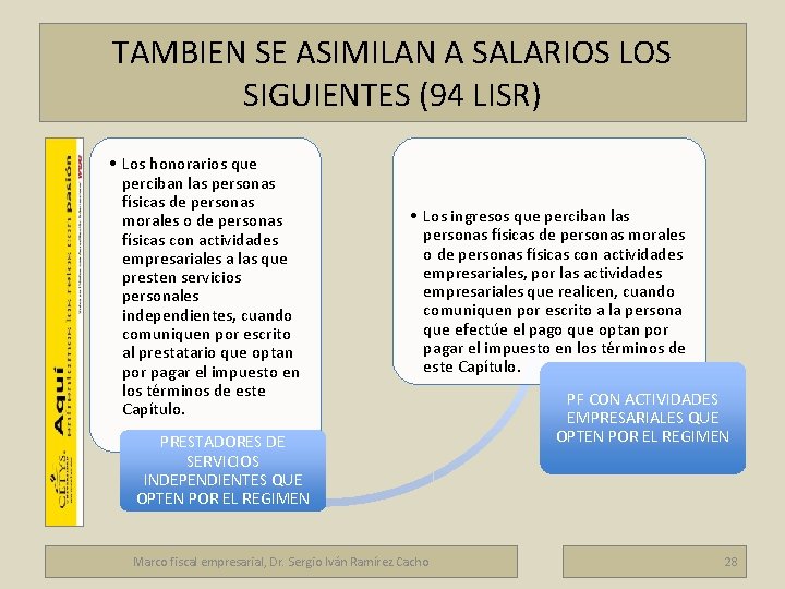 Marco fiscal empresarial TAMBIEN SE ASIMILAN A SALARIOS LOS SIGUIENTES (94 LISR) • Los