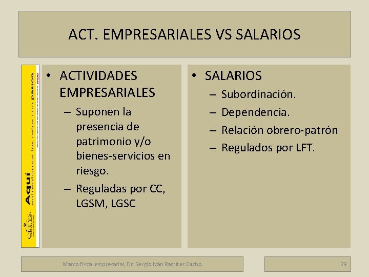 ACT. EMPRESARIALES VS SALARIOS Marco fiscal empresarial • ACTIVIDADES EMPRESARIALES • SALARIOS – Suponen