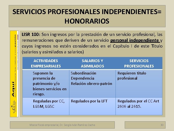 SERVICIOS PROFESIONALES INDEPENDIENTES= HONORARIOS LISR 100: Son ingresos por la prestación de un servicio