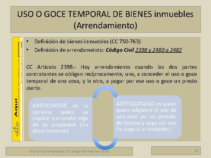 USO O GOCE TEMPORAL DE BIENES inmuebles (Arrendamiento) Marco fiscal empresarial • Definición de