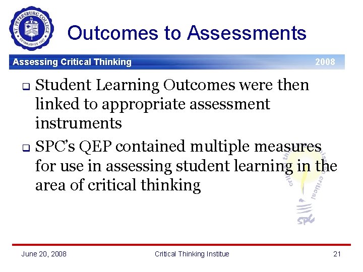 Outcomes to Assessments Assessing Critical Thinking 2008 Student Learning Outcomes were then linked to