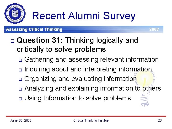 Recent Alumni Survey Assessing Critical Thinking q 2008 Question 31: Thinking logically and critically