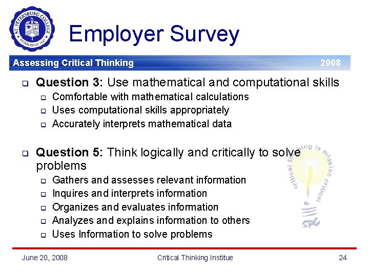 Employer Survey Assessing Critical Thinking q Question 3: Use mathematical and computational skills q
