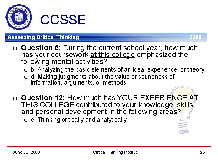 CCSSE Assessing Critical Thinking q Question 5: During the current school year, how much