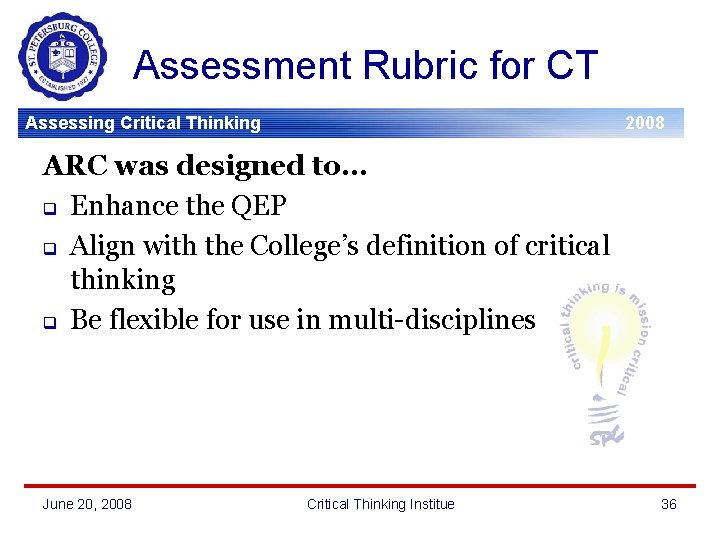 Assessment Rubric for CT Assessing Critical Thinking 2008 ARC was designed to… q Enhance