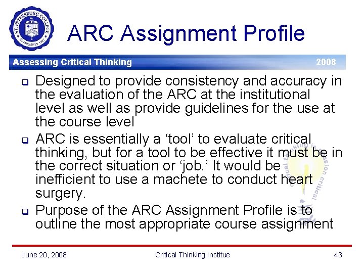 ARC Assignment Profile Assessing Critical Thinking q q q 2008 Designed to provide consistency