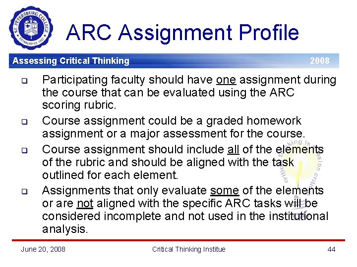 ARC Assignment Profile Assessing Critical Thinking q q 2008 Participating faculty should have one