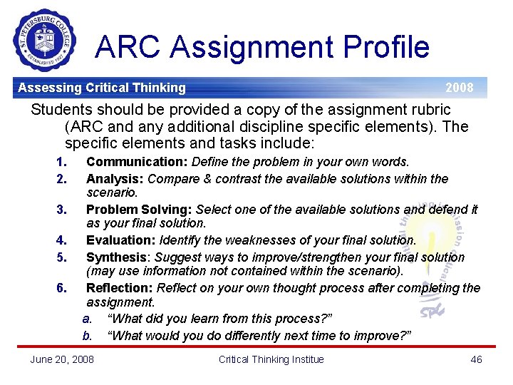 ARC Assignment Profile Assessing Critical Thinking 2008 Students should be provided a copy of