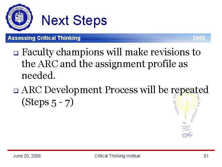 Next Steps Assessing Critical Thinking 2008 Faculty champions will make revisions to the ARC