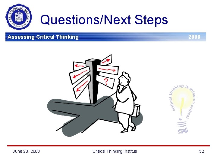Questions/Next Steps Assessing Critical Thinking June 20, 2008 Critical Thinking Institue 52 