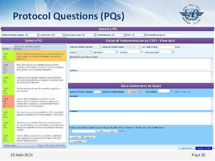 Protocol Questions (PQs) Search a PQ Select a PQ Status of Implementation by ICAO