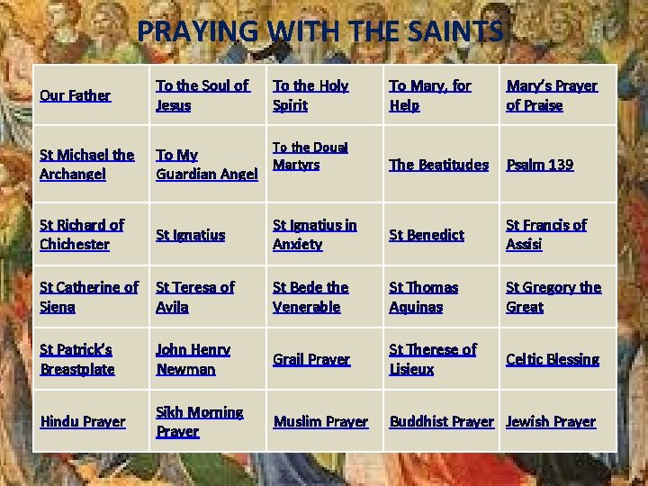 PRAYING WITH THE SAINTS Our Father To the Soul of Jesus To the Holy