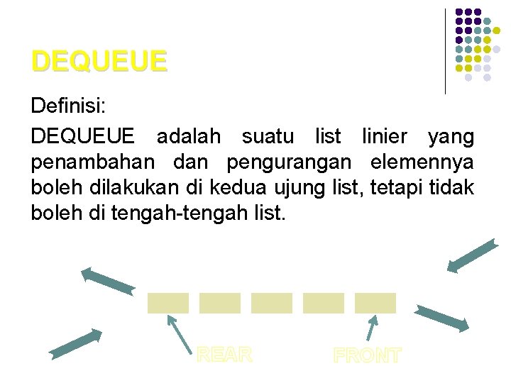 DEQUEUE Definisi: DEQUEUE adalah suatu list linier yang penambahan dan pengurangan elemennya boleh dilakukan