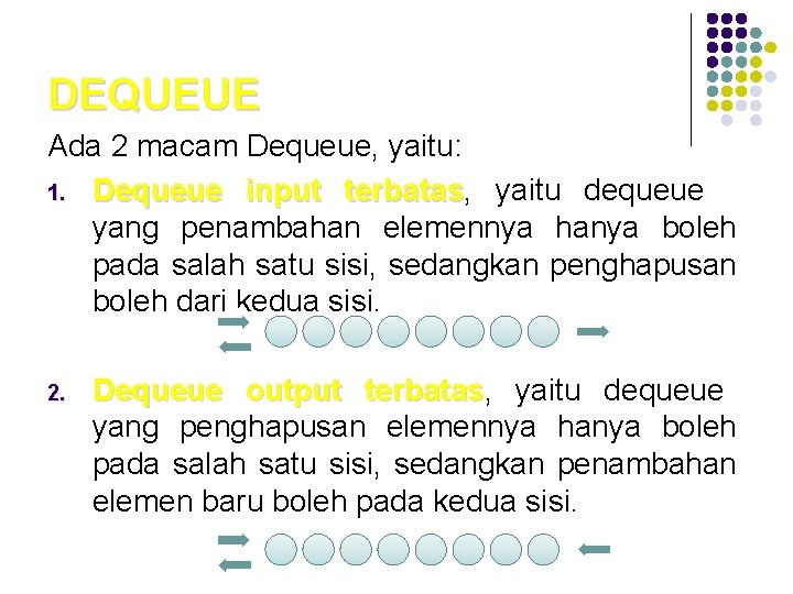 DEQUEUE Ada 2 macam Dequeue, yaitu: 1. Dequeue input terbatas, terbatas yaitu dequeue yang