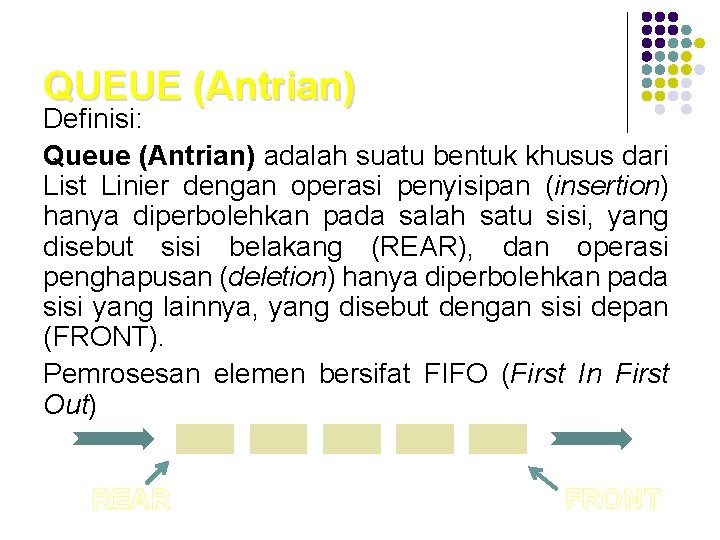 QUEUE (Antrian) Definisi: Queue (Antrian) adalah suatu bentuk khusus dari List Linier dengan operasi