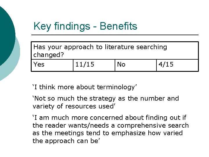 Key findings - Benefits Has your approach to literature searching changed? Yes 11/15 No