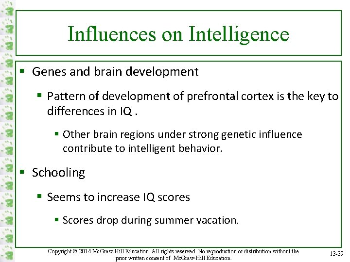 Influences on Intelligence § Genes and brain development § Pattern of development of prefrontal