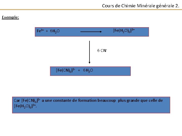 Cours de Chimie Minérale générale 2. Exemple: [Fe(H 2 O)6]3+ Fe 3+ + 6
