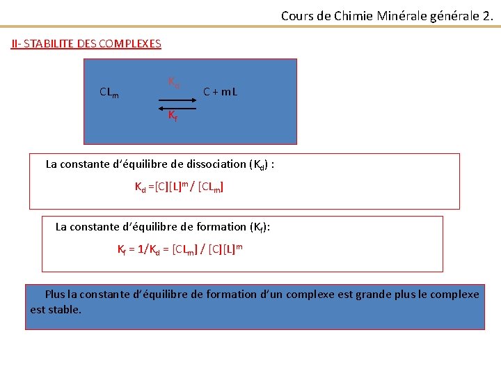 Cours de Chimie Minérale générale 2. II- STABILITE DES COMPLEXES CLm Kd C +