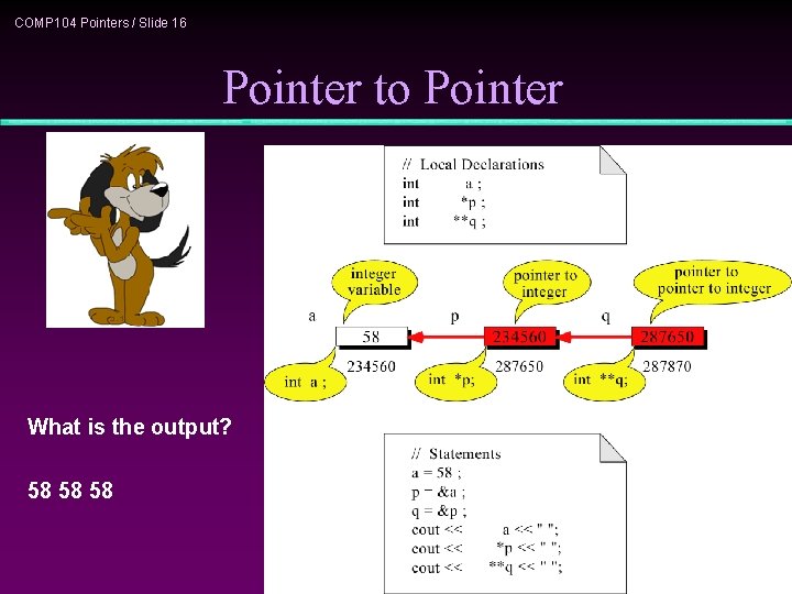 COMP 104 Pointers / Slide 16 Pointer to Pointer What is the output? 58