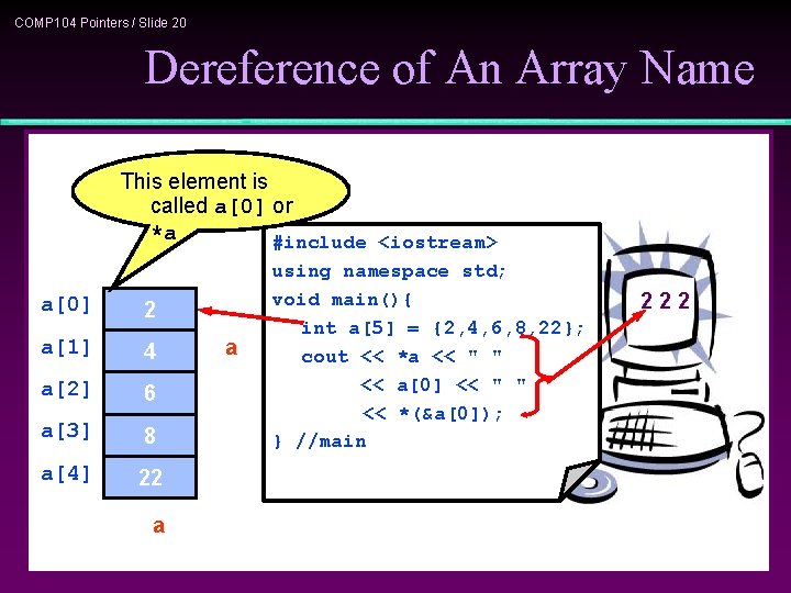 COMP 104 Pointers / Slide 20 Dereference of An Array Name This element is