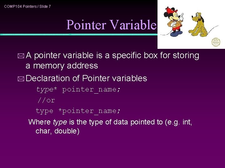 COMP 104 Pointers / Slide 7 Pointer Variable *A pointer variable is a specific