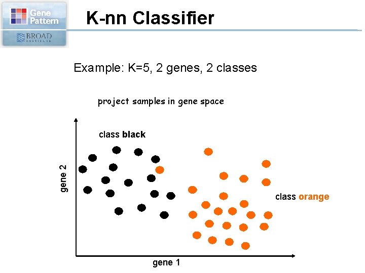 K-nn Classifier Example: K=5, 2 genes, 2 classes project samples in gene space gene