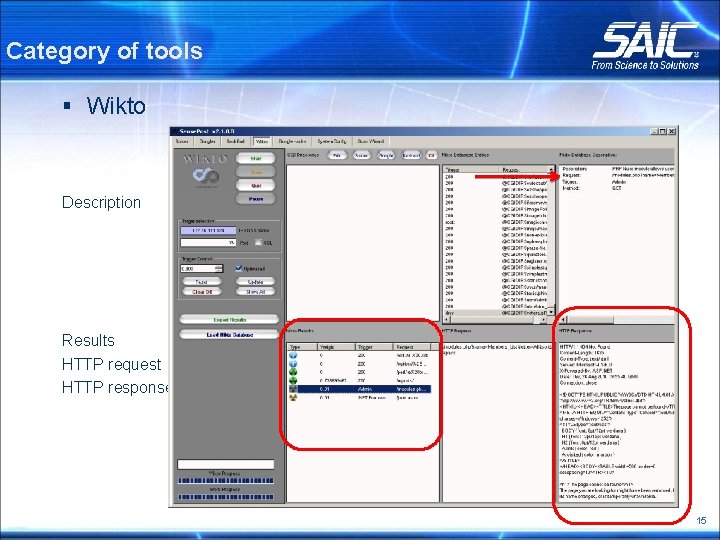 Category of tools § Wikto Description Results HTTP request HTTP response 15 