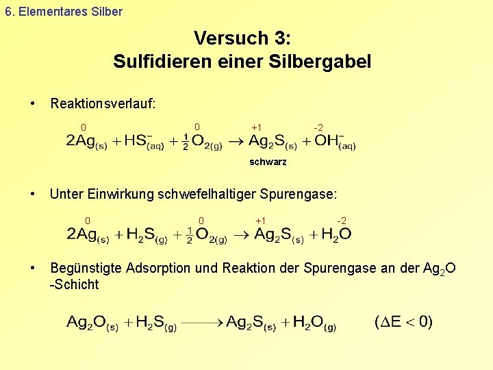 6. Elementares Silber Versuch 3: Sulfidieren einer Silbergabel • Reaktionsverlauf: 0 0 +1 -2