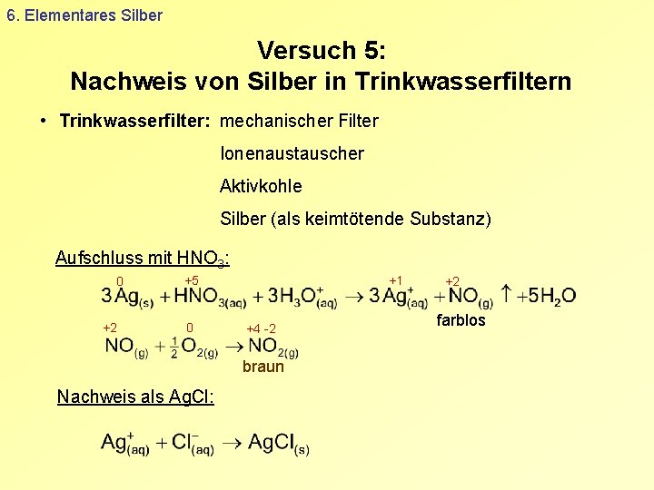 6. Elementares Silber Versuch 5: Nachweis von Silber in Trinkwasserfiltern • Trinkwasserfilter: mechanischer Filter