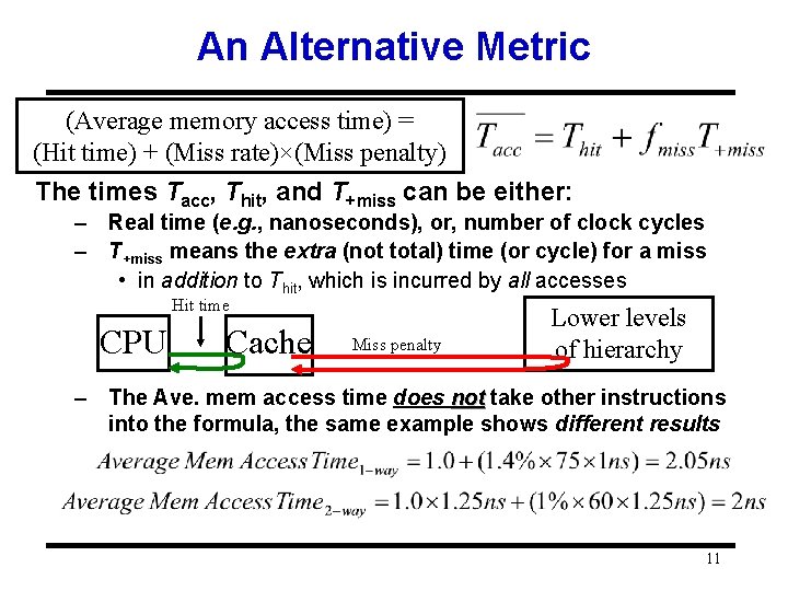 An Alternative Metric (Average memory access time) = (Hit time) + (Miss rate)×(Miss penalty)