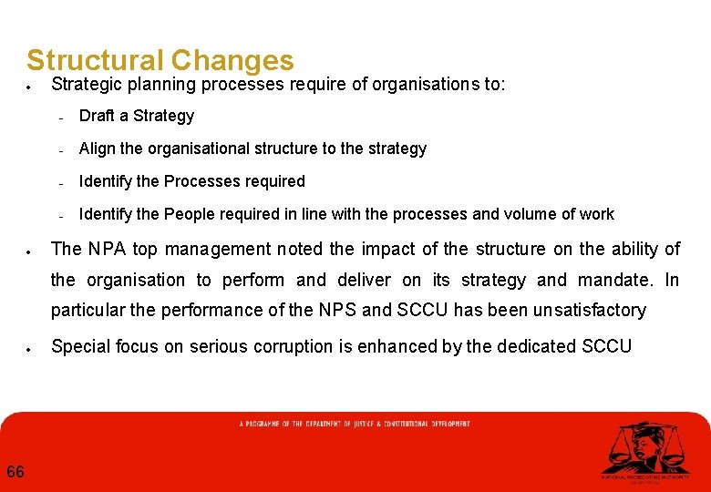 Structural Changes Strategic planning processes require of organisations to: Draft a Strategy Align the