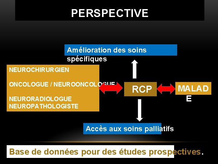 PERSPECTIVE Amélioration des soins spécifiques NEUROCHIRURGIEN ONCOLOGUE / NEUROONCOLOGUE RCP NEURORADIOLOGUE NEUROPATHOLOGISTE MALAD E