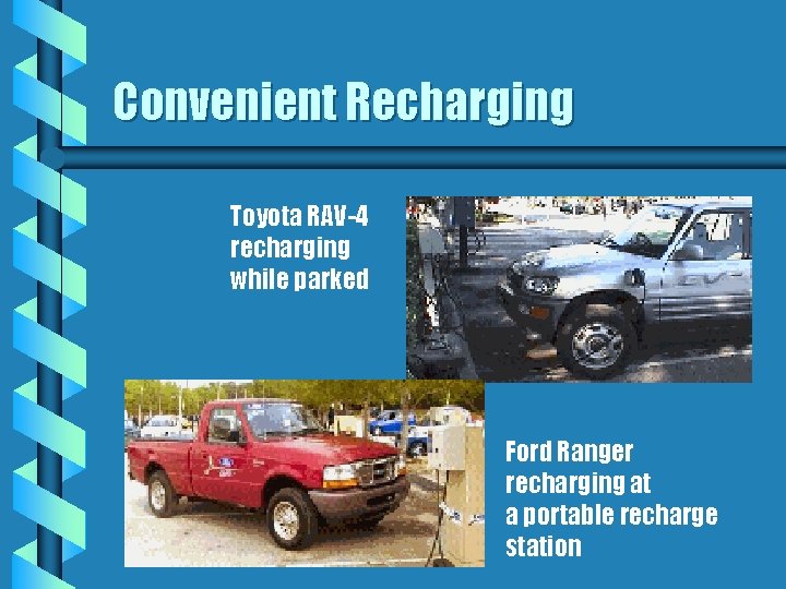 Convenient Recharging Toyota RAV-4 recharging while parked Ford Ranger recharging at a portable recharge Convenient Recharging Toyota RAV-4 recharging while parked Ford Ranger recharging at a portable recharge