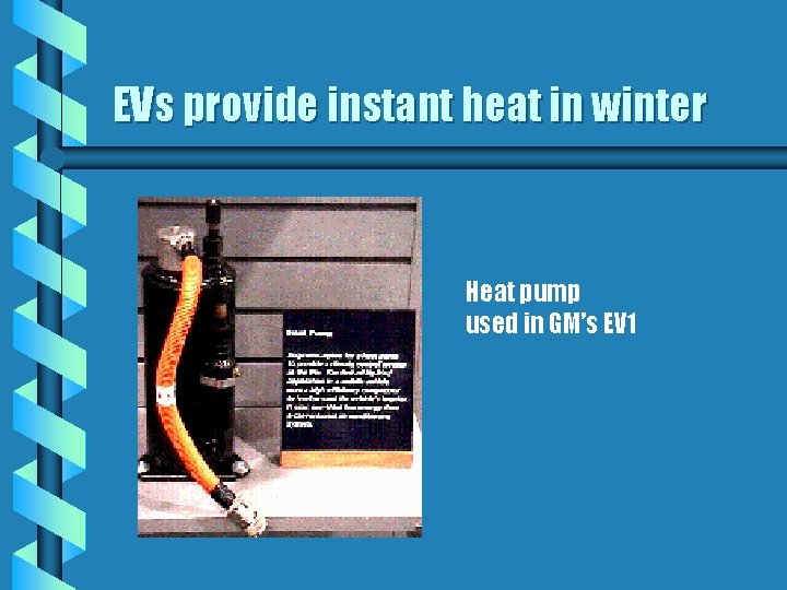 EVs provide instant heat in winter Heat pump used in GM’s EV 1 EVs provide instant heat in winter Heat pump used in GM’s EV 1