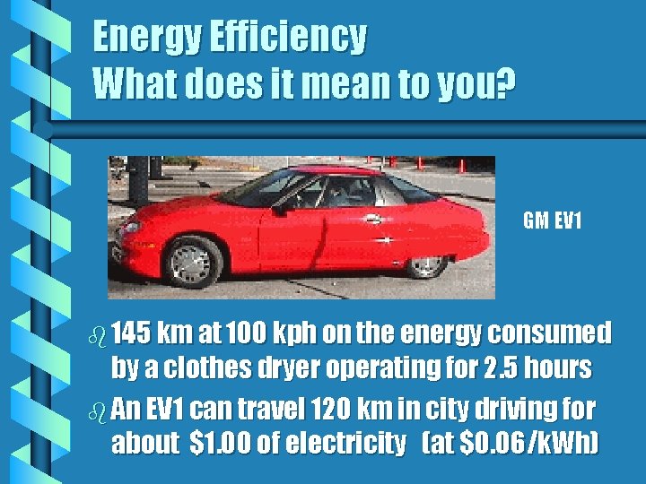 Energy Efficiency What does it mean to you? GM EV 1 b 145 km Energy Efficiency What does it mean to you? GM EV 1 b 145 km